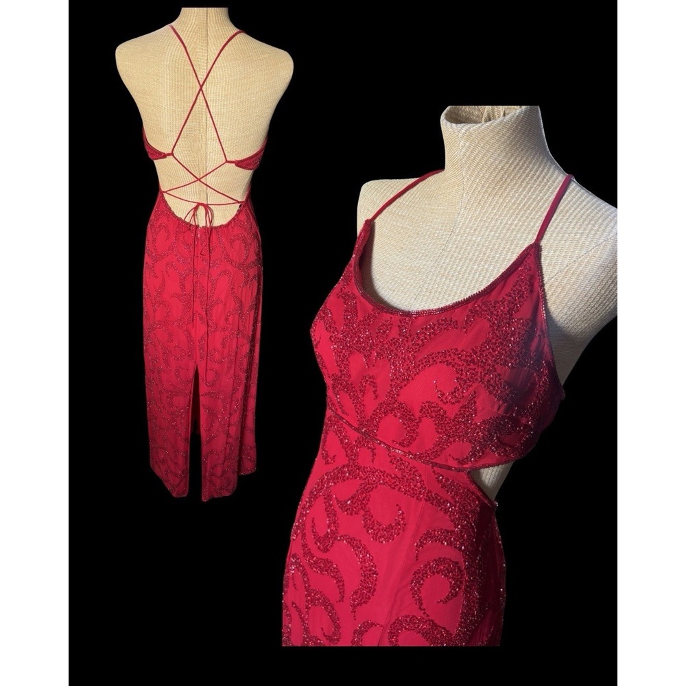 Vintage 90s Y2K  Sean Collection Silk Beaded Backless Gown Dress Red Formal Prom